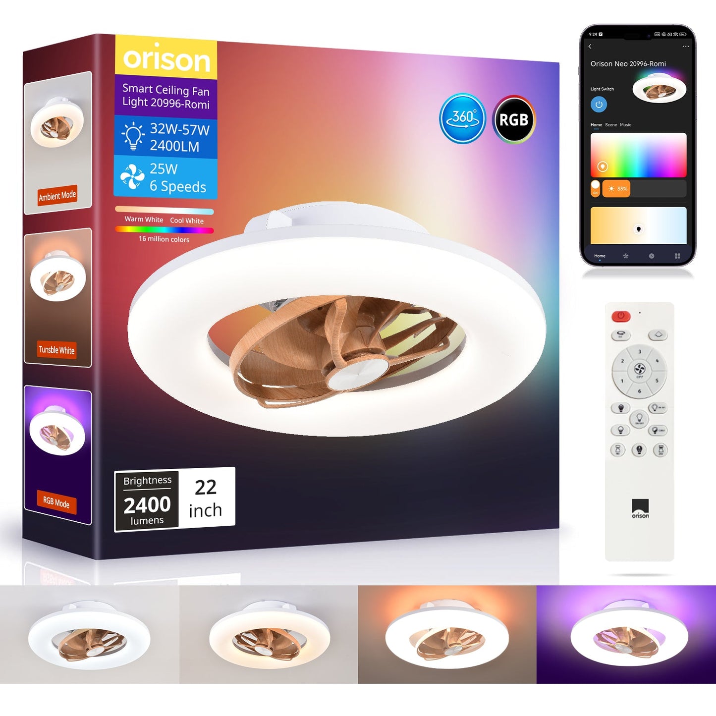 22" Orison 360° Oscillating Ceiling Fan with Light, 18° Rotating Smart RGB Backlight & Dimmable LED, Alexa & Google Compatible, APP/Remote Control