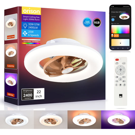 22" Orison 360° Oscillating Ceiling Fan with Light, 18° Rotating Smart RGB Backlight & Dimmable LED, Alexa & Google Compatible, APP/Remote Control
