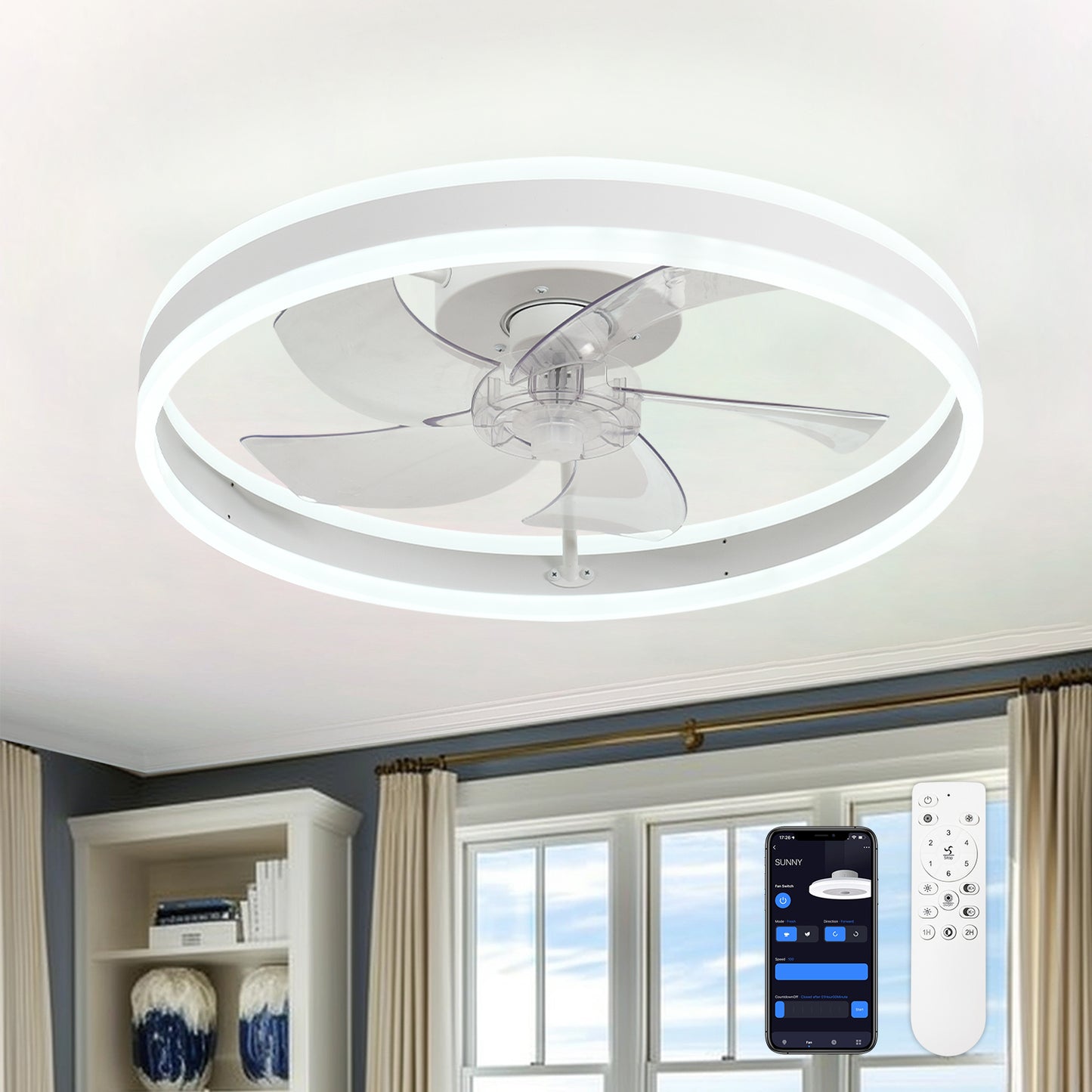 CHANFOK Smart Ceiling Fans with Lights and Remote, Flush Mount Ceiling Fan with Dimmable Lights, App Control