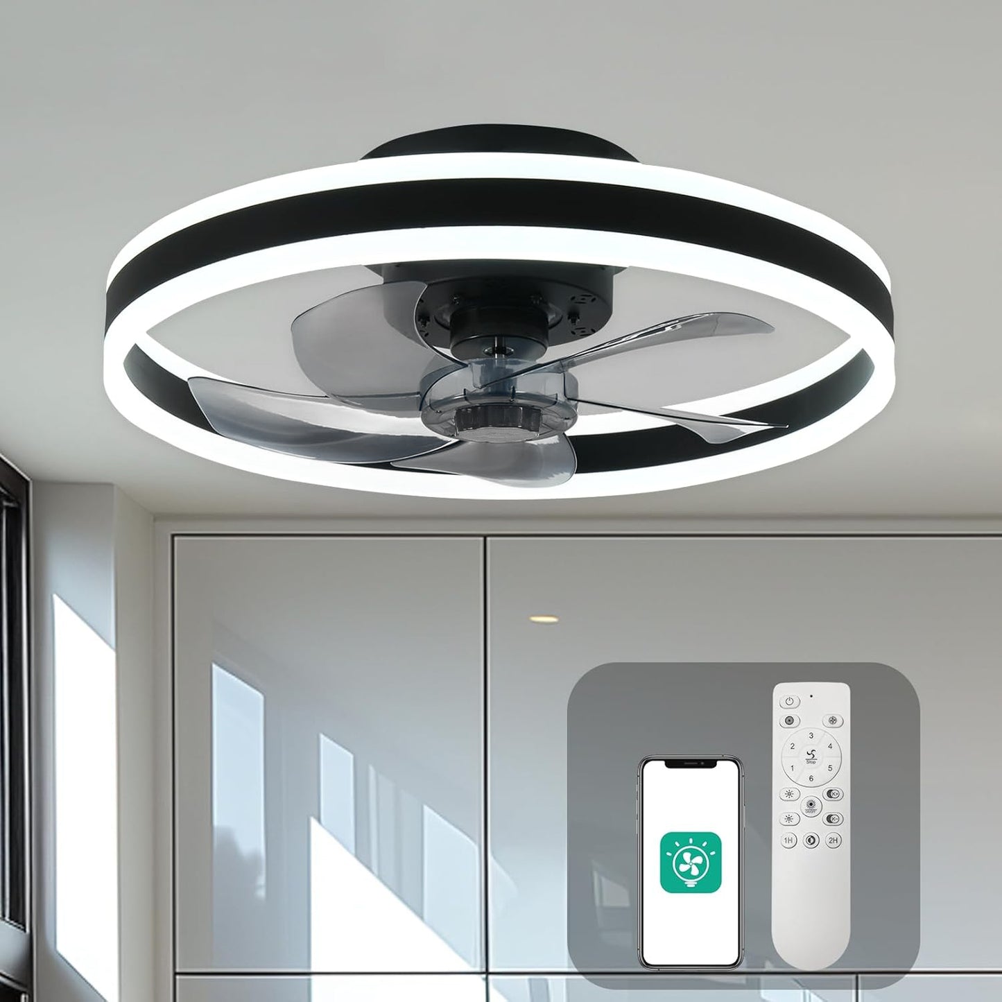 CHANFOK Smart Ceiling Fans with Lights and Remote, Flush Mount Ceiling Fan with Dimmable Lights, App Control