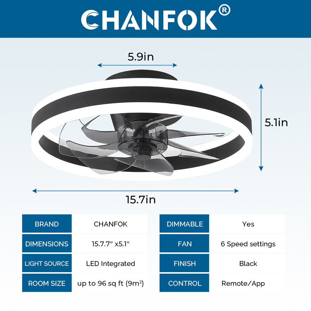 CHANFOK Flush Mount Ceiling Fans with Lights and Remote, Dimmable Lights, App Control