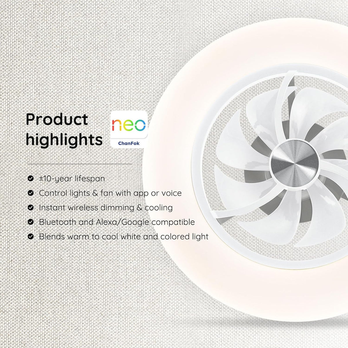 22" CHANFOK Neo Ceiling Fan with Lights - Alexa/Google Assistant/App Control